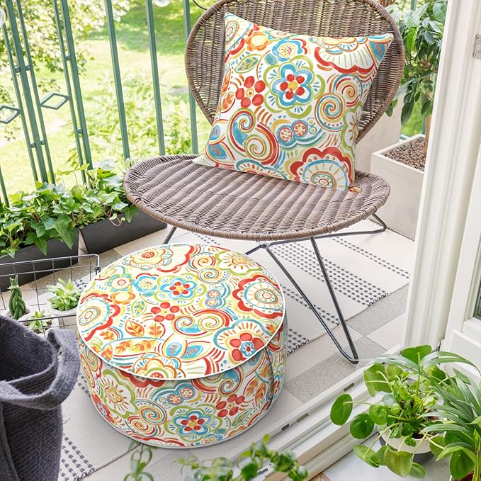 Inflatable Ottoman Stool D21 xH9 for Outdoor/Indoor Use, Water Repellent Patio Foot Rest Stool with Portable Handle,Round Pouf Ottoman Suitable for Garden,Deck and Camping - Flower Red-Ruum Studio Home