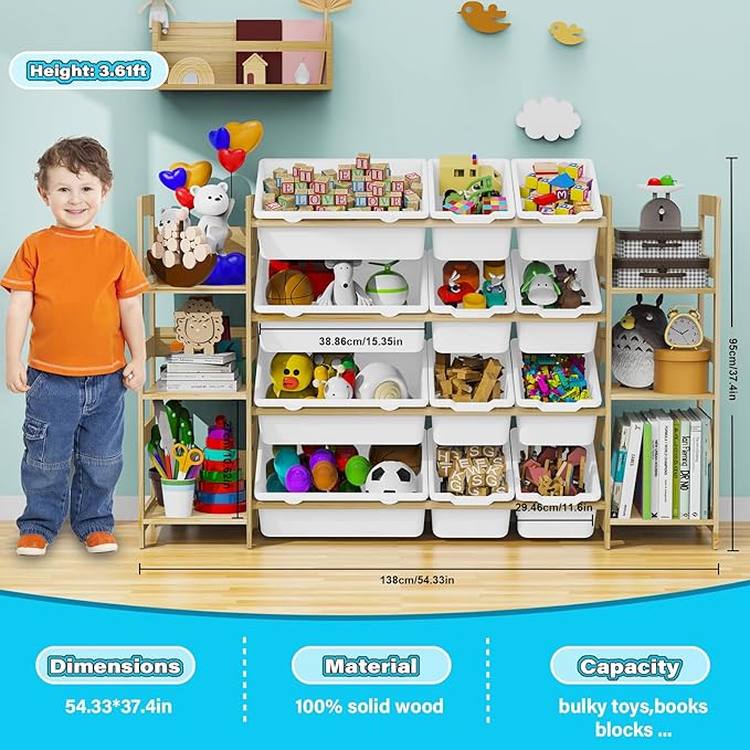 Toy Storage Organizer, with 4-Tier Toy Shelf and 12 Bins, Kids Bookshelf and Toy Storage with 6 Shelves for Kids Room Bedroom Playroom Nursery Room-Ruum Studio Home