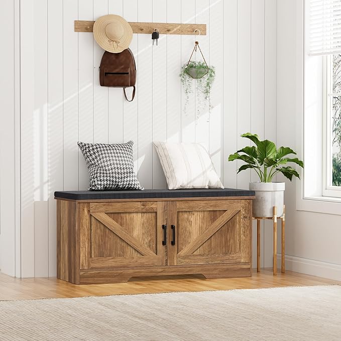 2-Tier Storage Bench, Shoe Bench with Padded Seat Cushion, Entryway Bench with 2 Barn Doors, Adjustable Shelf, 13.8" D x 39.4" W x 17.7" H, for Entryway, Living Room, Bedroom, Rustic Walnut-Ruum Studio Home