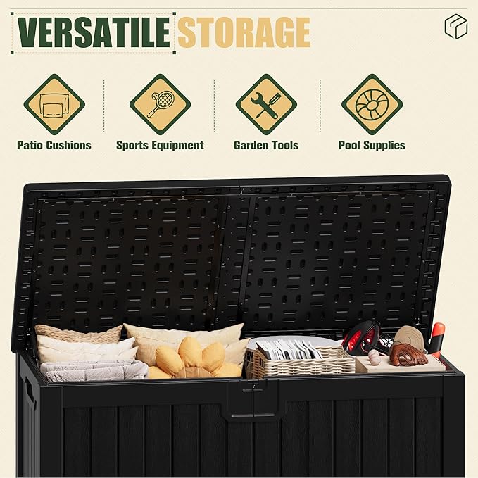JUMMICO 250 Gallon Outdoor Resin Deck Box with Divider, Waterproof Storage Box with Lockable Lid&Side Handles for Garden Tools, Pools Supplies (Black)-Ruum Studio Home