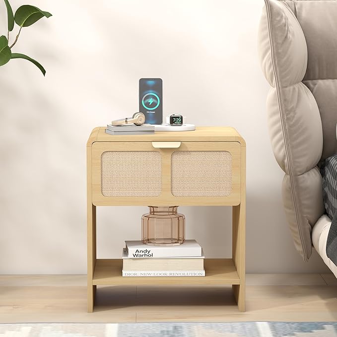 LEVNARY Nightstand Set of 2, Mid-Century Modern Bedside Table with Charging Station and Fabric-Like Textured Drawer, Wooden End Table for Farmhouse Bedroom Living Room (2, Natural)