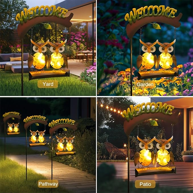 HONGLAND Solar Lights Outdoor Decor, Owl Swing Garden Decor, Owl Gifts for Women Mom, Whimsical Garden Lights Outdoor Decorations with Welcome Sign for Outside Patio Yard Lawn Decor-Ruum Studio Home