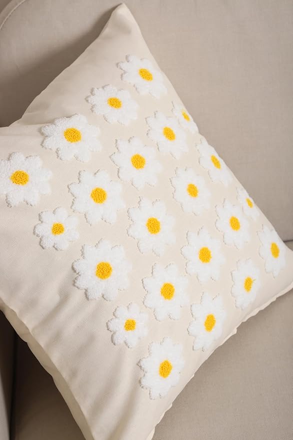 katre home madame & textile Throw Pillow Cover – Handcrafted Daisy Design on Natural Cotton – 18x18 inch – Decorative Punch Needle Cushion Cover – Boho Floral Accent Pillowcase-Ruum Studio Home