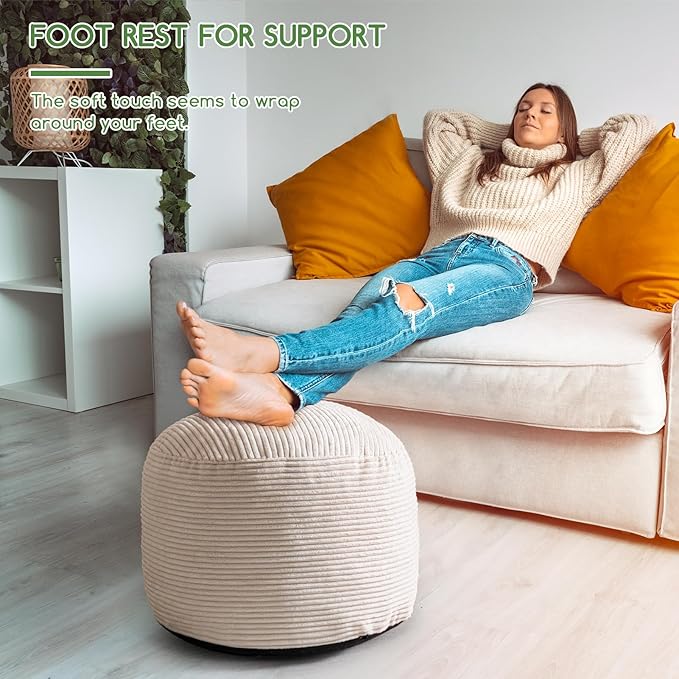 HIGOGOGO Round Stuffed Pouf Ottoman, Corduroy Poufs with Foam Chunk Filling, Furry and Fluffy Pouf Foot Stool Storage Ottoman, 20 X 15 Floor Poufs Foot Rest for Living Room, Beige-Ruum Studio Home