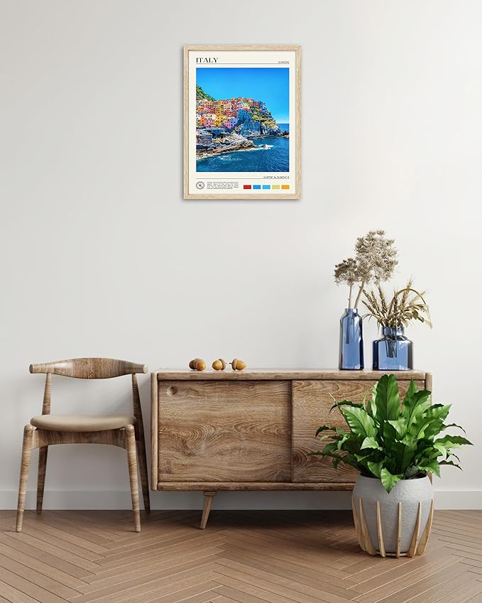 HesenDot Natural OAK Wood Framed Cinque Terre National Park Wall Art,12x16in Italian Natural Seascape Canvas Wall Print,Classic Urban Landmark Wall Decor for Living Room, Bedroom,Office Set of 1-Ruum Studio Home