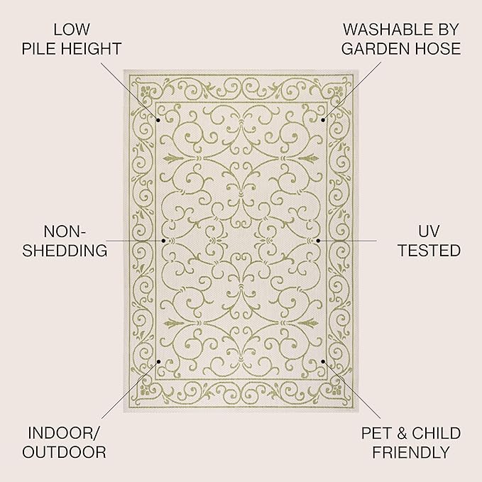 JONATHAN Y Vintage Filigree Indoor Outdoor Area Rug 3X5 Cream/Green, Charleston Textured Weave for Backyard, Patio, Porch, Easy-Cleaning, High Traffic, Pet-Friendly, Non-Shedding (SMB106I-3)-Ruum Studio Home