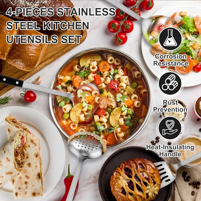 Pleafind 4-Pcs Cooking Utensils Set, Stainless Steel Kitchen Utensils, Mirror Polished Kitchen Essentials Set Include Wok Ladle, Slotted Spoon, Wok Spatula ＆Slotted Spatula, Dishwasher Safe-Ruum Studio Home