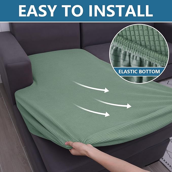 hyha Waterproof Sectional Couch Covers, Non Slip Sofa Couch Cushion Covers L Shape, Thick Stretch Jacquard Fabric, Washable Sofa Slipcovers with Elastic Bottom (1 Piece for Chaise, Green)-Ruum Studio Home
