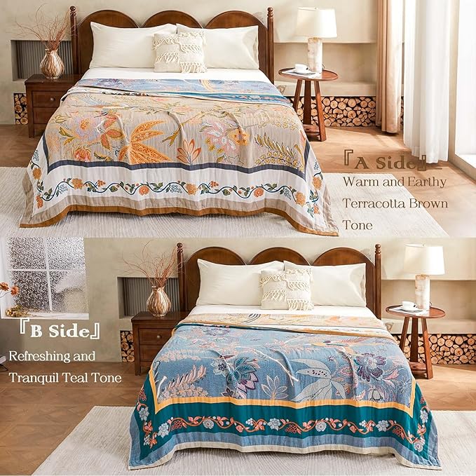 Boho Blanket, 100% Cotton Farmhouse Decorative Throw Blanket, 90"x98" Reversible Bohemian Throw Blanket, Brown All Season Muslin Breathable Woven Blankets Quilt-Ruum Studio Home