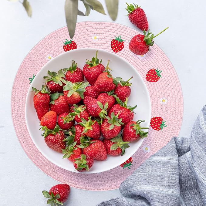Whaline 4Pcs Round Placemats Daisy Strawberry Embroidered Place Mats Summer Strawberry Dinner Table Mats for Home Wedding Baby Shower Birthday Party Decor-Ruum Studio Home