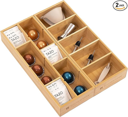Premium Utensils and Tea Bag Drawer Organizers – 14-Compartment Design with Removable Dividers, Non-Slip Feet, 100% Sustainable Bamboo, 2 Pack-Ruum Studio Home