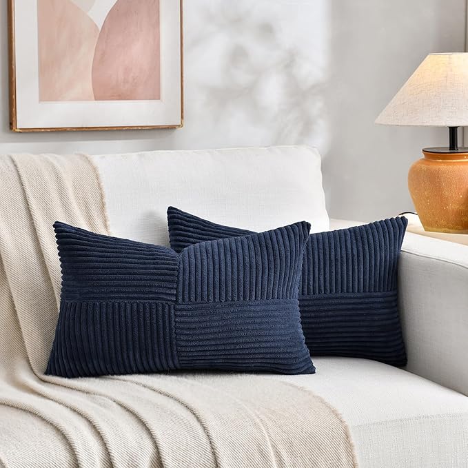 Fancy Homi 2 Packs Navy Blue Lumbar Decorative Throw Pillow Covers 12x20 Inch for Living Room Couch, Rustic Farmhouse Boho Home Decor, Soft Striped Corduroy Rectangle Accent Cushion Case 30x50 cm-Ruum Studio Home