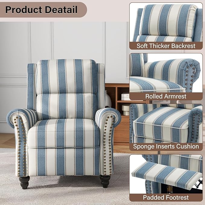 UIXE Pushback Recliner Chair Push Back Accent Chair, Fabric Overstuffed Armchair for Living Room, Rivet Trim Club Chair Home Theater Single Sofa Bedroom Reading Seat - Stripe Navy-Ruum Studio Home