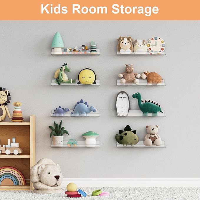 upsimples 16 Pack Acrylic Shelves for Wall Storage, 15" Floating Bookshelves for Kids, Display Shelf Organizer for Bathroom, Bedroom, Living Room, Kitchen, Room Decor, Clear-Ruum Studio Home