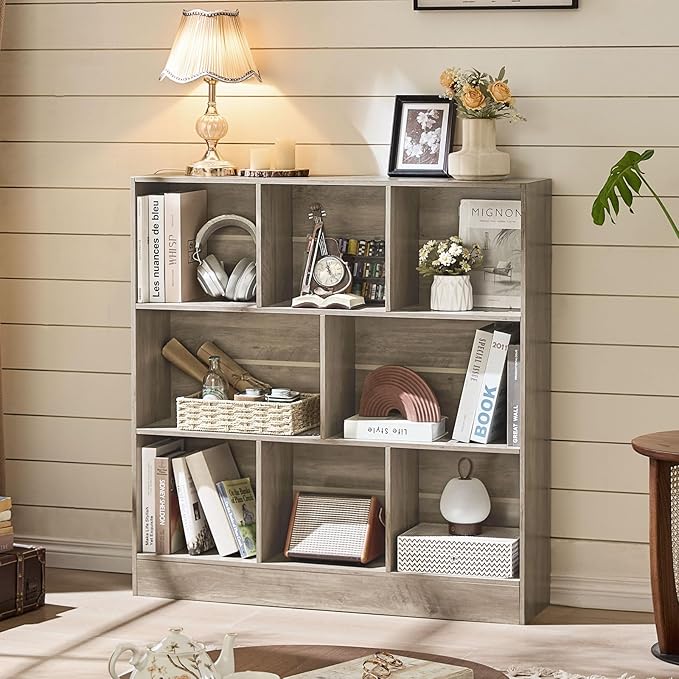 LEYAOYAO 8 Cube Bookshelf with Base,3 Tier Mid-Century Modern Grey Bookcase,Standing Wide Bookshelves Storage Organizer Shelf,Rustic Wood Display Cabinet Book Shelves for Bedroom,Living Room,Office-Ruum Studio Home