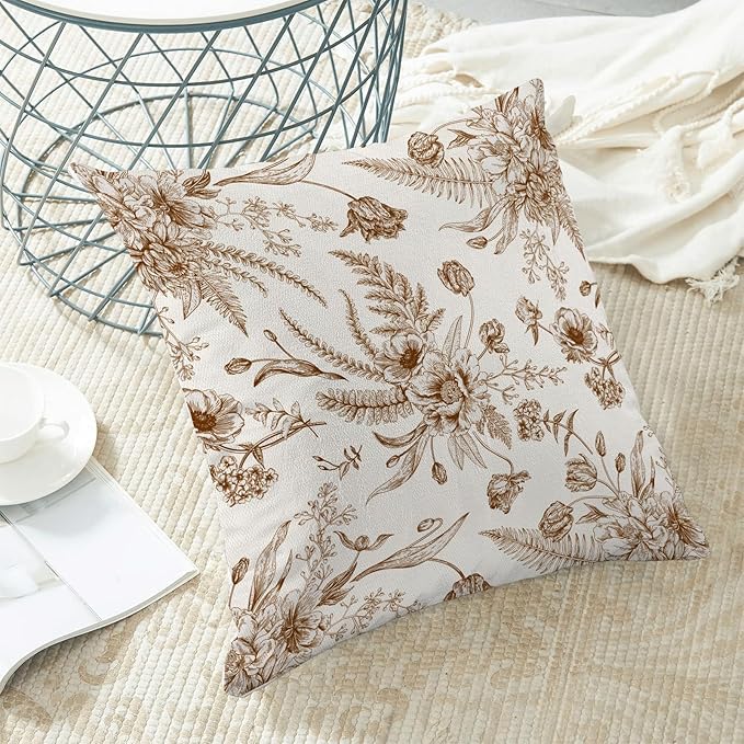 CXMEIFLY Spring Floral Leaves Pillow Covers 16 x 16 Inch Set of 2 for Chinoiserie Flowers Decor Throw Pillows Brown and White Seasonal Plant Outdoor Decorative Cushion Cases for Couch Bed Decorations-Ruum Studio Home