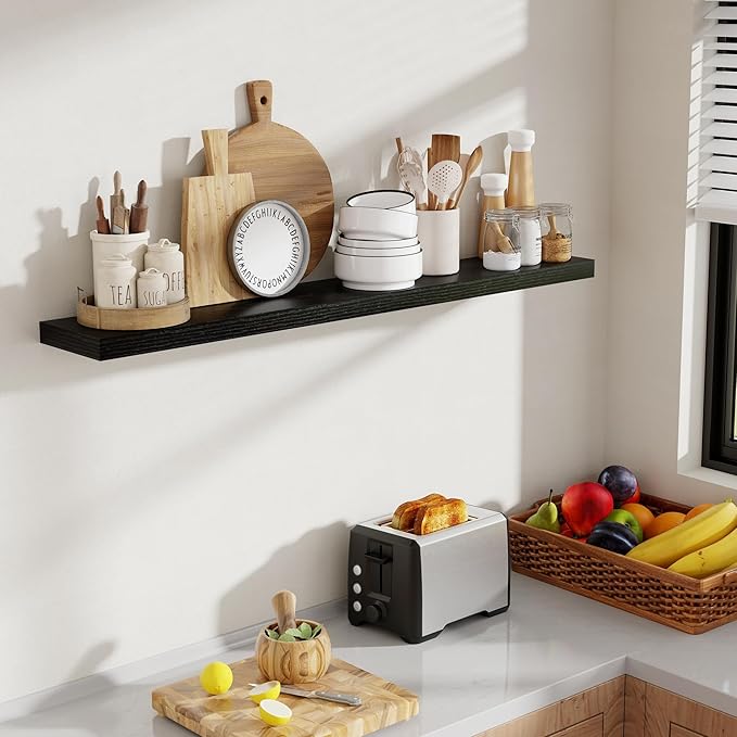 48 Inch Floating Shelves, 8 Inch Deep Floating Shelves for Wall, Hanging Shelf with Invisible Brackets, Deep Shelves for Bathroom, Bedroom, Living Room, Black, Set of 1-Ruum Studio Home