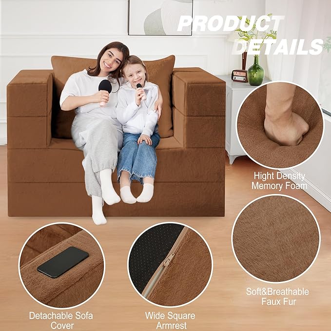 Folding Bean Bag Chair for Adults,3-in-1 Bean Bag Couch Faux Fur Floor Sofa Large Beanbag Convertible Bean Bag Sofa Bed with Pillow in Bedroom,Living Room,Apartment(Twin,Caramel)-Ruum Studio Home
