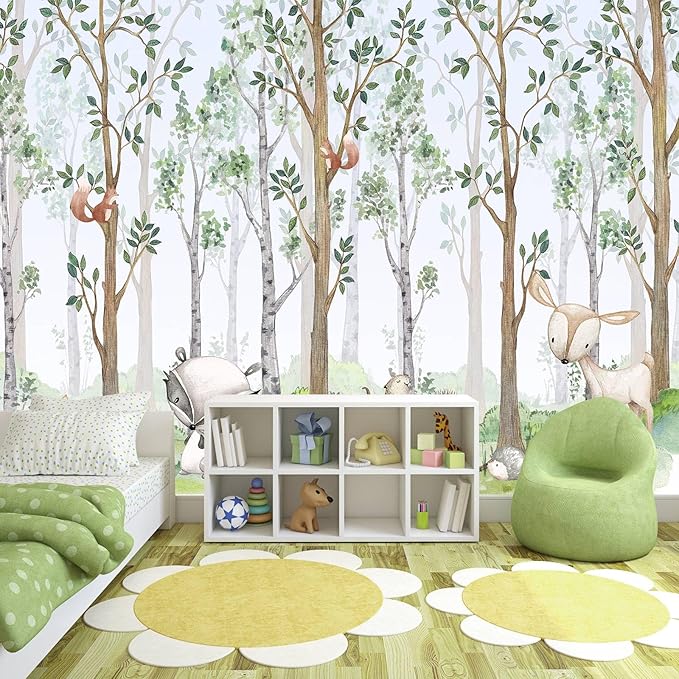 WFBHUA-Kids Wallpaper Watercolor Forest Cartoon Animals Wall Murals Suitable for Nursery Boys Girls Bedroom Room (Not Peel and Stick)-Ruum Studio Home