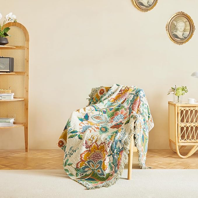 MSGKV Boho Throw Blanket for Bed Twin Size Cotton Muslin Breathable Vine Blanket 60"x80" Sofa Couch Blankets for All Seasons Lightweight Farmhouse Blankets Boho Home Decor-Ruum Studio Home