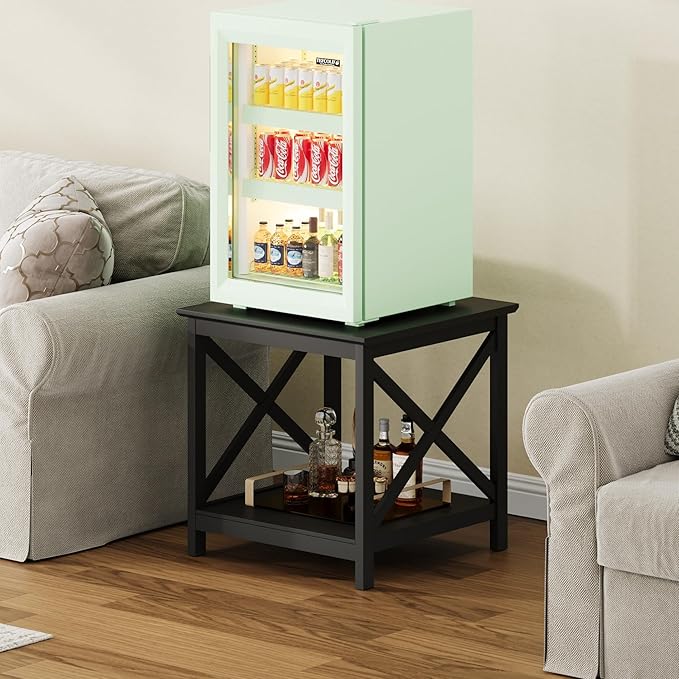 ChooChoo End Table, 24 Inch End Table with 2-Tier Storage Shelf, Side Table for Living Room, Wood Nightstand for Bedroom, Office, Painted Surface, Black-Ruum Studio Home