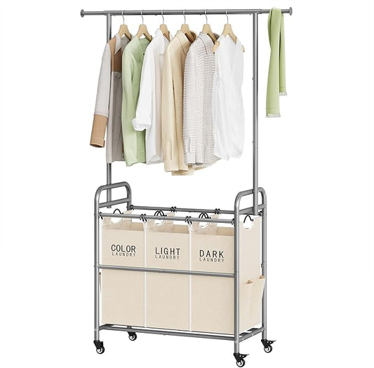 Tajsoon Laundry Hamper with Hanging Rack, 3 Section Laundry Sorter with Heavy Duty Lockable Wheels, Laundry Basket Organizer for Dirty Clothes Storage, 3 Beige-Ruum Studio Home