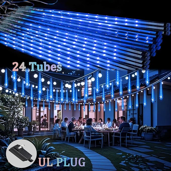 Christmas Lights Outdoor Meteor Shower Lights 24-Tube 576LEDs Snow Falling Rain Cascading Icicle Light for Xmas Tree Christmas Decorations Wedding Party Holiday Garden Decor, UL Plug Blue-Ruum Studio Home