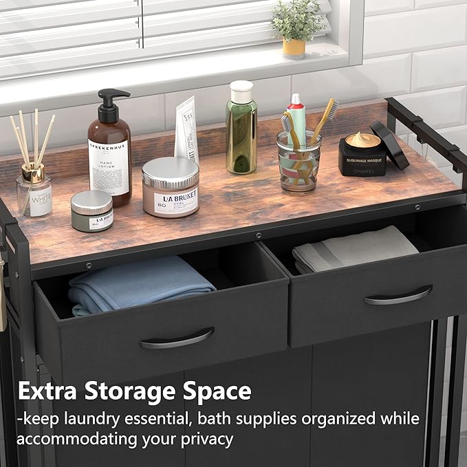 Laundry Hamper Laundry Basket with 3 Section Pull-Out Rolling Bags, Laundry Sorter for Organization and Storage with 2 Pull-Out Drawers for Laundry Room, Bathroom, Bedroom Use (Rustic Brown)-Ruum Studio Home
