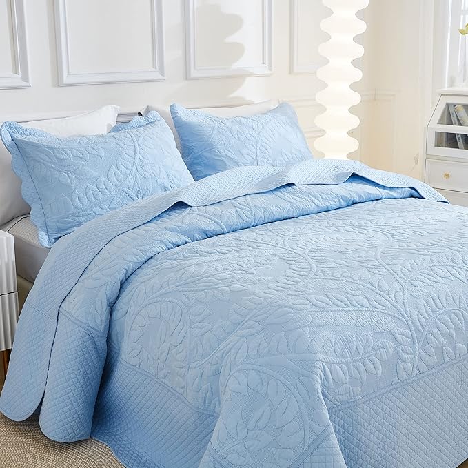 MarCielo 3-Piece 100% Cotton Oversized Bedspread Lightweight Quilt Coverlet Embroidery Farmhouse Bedding Set T0 (Light Blue, Oversized King (118"x106"))-Ruum Studio Home