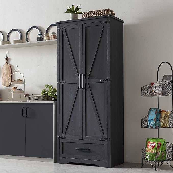 Farmhouse Kitchen Pantry Cabinet - 72" Tall Large Wood Kitchen Storage Cabinets with Adjustable Shelves & 2 Barn Doors & Drawer, Versatile Storage for Dining Room, Bathroom, Living Room, Antique Black-Ruum Studio Home