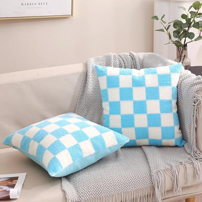 Alysheer Checkered Embroidered Decorative Throw Pillow Covers 18"x 18" Set of 2, Classic Accent Designer Blue White Plaid Patterned Cotton Cushion Cases for Sofa Couch Bed Living Room Outdoor Decor-Ruum Studio Home