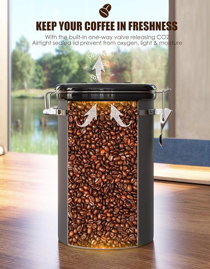 HAIOOU Airtight Coffee Canister, 16OZ Small Stainless Steel Coffee Bean Storage Container with Date Tracker, Measuring Scoop, CO2 Releasing Valves and Mini Tongs for Beans, Grounds and more - Gray-Ruum Studio Home