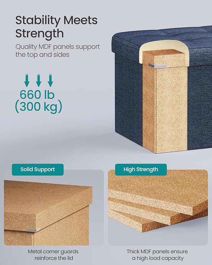 SONGMICS MAZIE Collection - 43 Inches Folding Storage Ottoman Bench, Ottoman Foot Rest, End of Bed Bench, Storage Chest, Load 660 lb, for Living Room, Bedroom, Entryway, Midnight Blue ULSF77IN-Ruum Studio Home