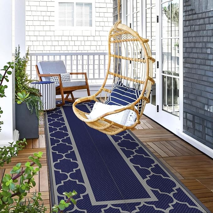 GENIMO 2.5 ' x 8 ' Outdoor Rug for Porch Patio Clearance, Waterproof Indoor Outdoor Plastic Straw Rugs Carpet, Reversible Outside Area Rv Mat for Camping, Balcony, Deck, Picnic, Beach (Blue & Gray)-Ruum Studio Home