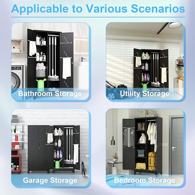 71'' Metal Storage Cabinet with Doors, Multifunctional Bathroom/Garage Lockable Steel Cabinet, Broom Closet Storage with Hanging Rod (Style-1)-Ruum Studio Home