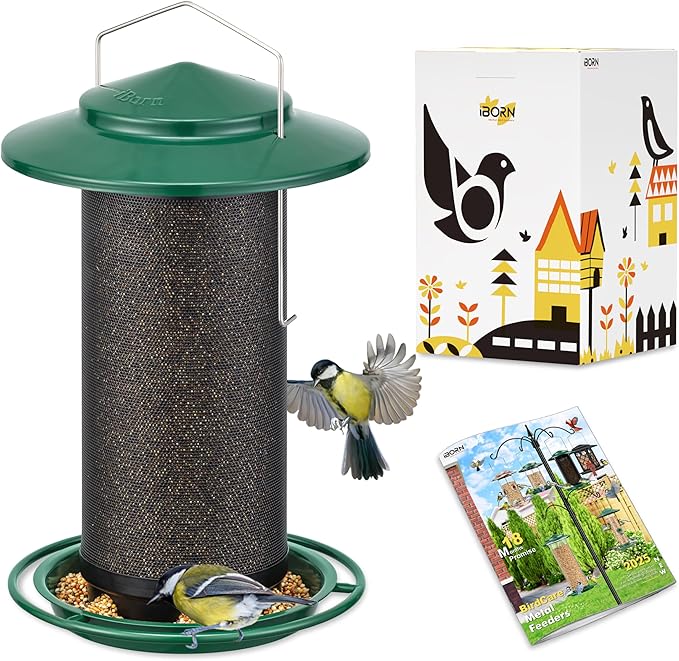 iBorn Bird Feeders for Outdoors, All Metal Mesh Tube, Holding Bird Seed for Outside Feeders,18cm Large Roof, Green, 2.8lb(Seed is not Included)-Ruum Studio Home