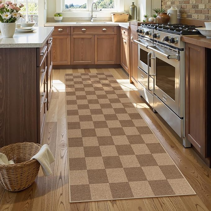 Lahome Checkered Easy Jute Kitchen Runner, 2x8 Washable Indoor Outdoor Runner Rug, Checkerboard Non Slip Non Shedding Neutral Carpet for Hallway Entryway Foyer-Ruum Studio Home