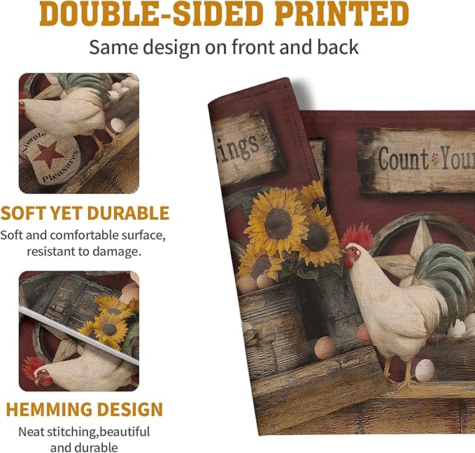 Farmhouse Rooster Placemats Set of 4 Farm Animal Chicken Place Mats 12x18 Inch Vintage Rustic Country Linen Table Mat Washable Non-Slip Placemat for Party Kitchen Dining Decor-Ruum Studio Home