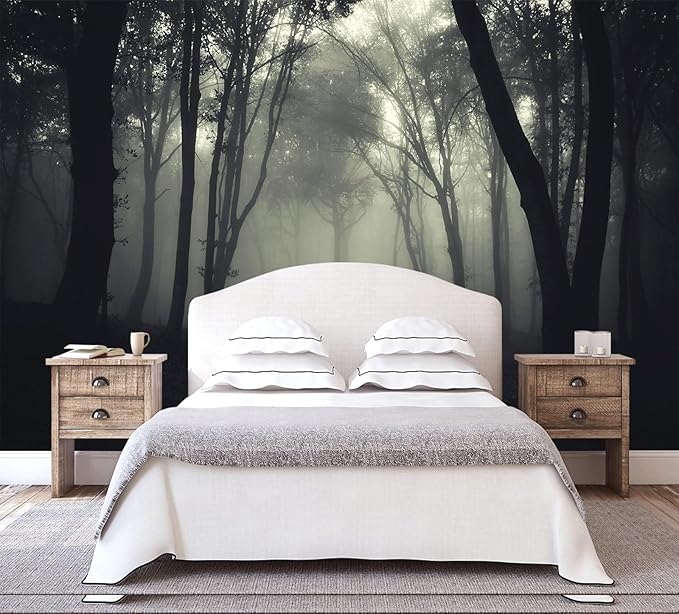 Foggy Black Forest Wallpaper Bedroom Dark Woodland Trees Wall Mural Living Room (Not Peel and Stick)-Ruum Studio Home