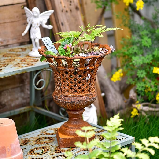 Sungmor Heavy Duty Cast Iron Urn Planter, Beautiful Hollow Trophy Design Tall Orchid Flower Pot, Large Decorative Plastic Flowers Plants Bouquets Vase, Rustic French Country Pot for Home or Garden-Ruum Studio Home