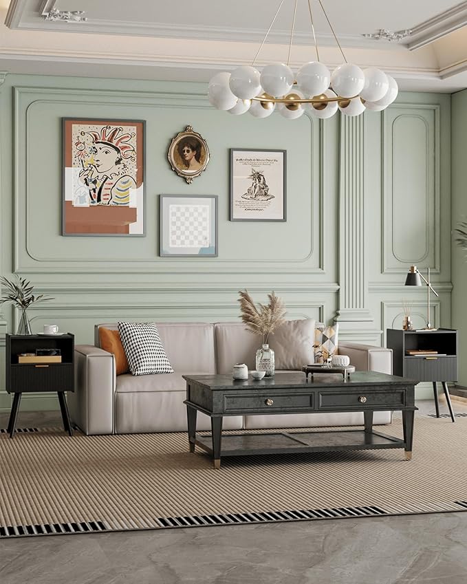 Nightstand,Modern Bedside Table with Storage Drawer and Open Wood Shelf, Accent Night Stand with Solid Wood Legs for Living Room, Bedroom and Small Spaces,Easy Assembly (Black)-Ruum Studio Home