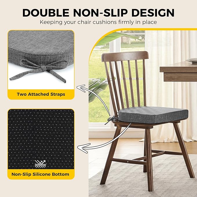 downluxe Indoor Chair Cushions for Dining Chairs, Soft and Comfortable Textured Foam Kitchen Chair Pads with Ties and Non-Slip Backing, 16" x 16" x 2", Dark Grey, 2 Pack-Ruum Studio Home