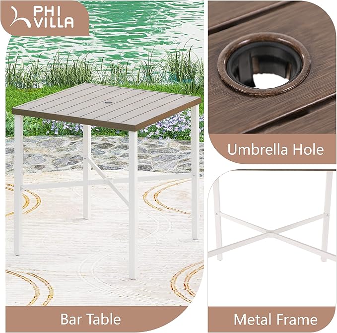 PHI VILLA Outdoor Bar Table, High Patio Table with Umbrella Hole, White Legs, Metal Frame, Sturdy & Durable for Outdoor & Indoor-Ruum Studio Home