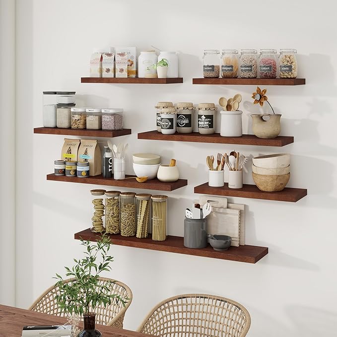 Fun Memories Solid Oak Wood Floating Shelves, 9.3 Inch Deep Natural Wood Shelf with Invisible Heavy Duty Bracket for Bathroom Bedroom Kitchen - 36inch Set of 2, Walnut-Ruum Studio Home