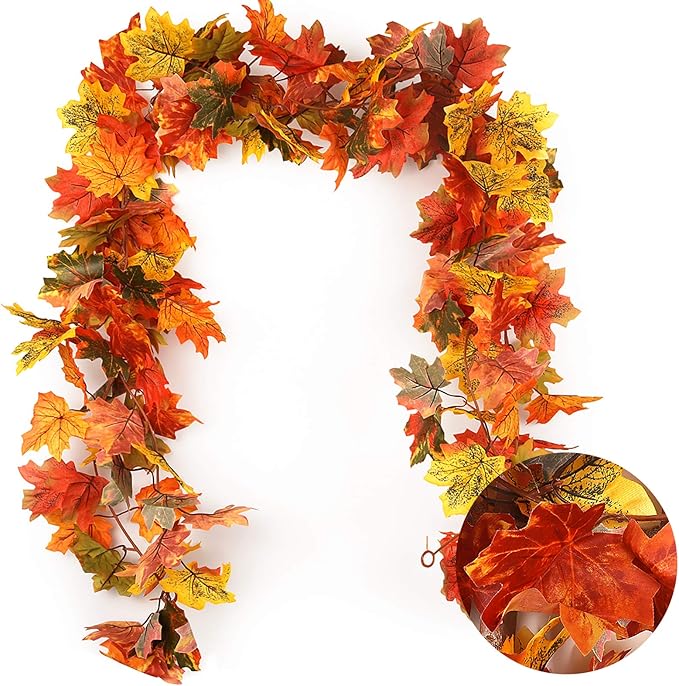 RECUTMS 2 Pack Fall Maple Garland - 5.8 FT/Pcs Autumn Hanging Fall Leave Vines for Home Garden Wedding Party Thanksgiving Dinner Fireplace Door Frame Doorway Backdrop Christmas Decor-Ruum Studio Home