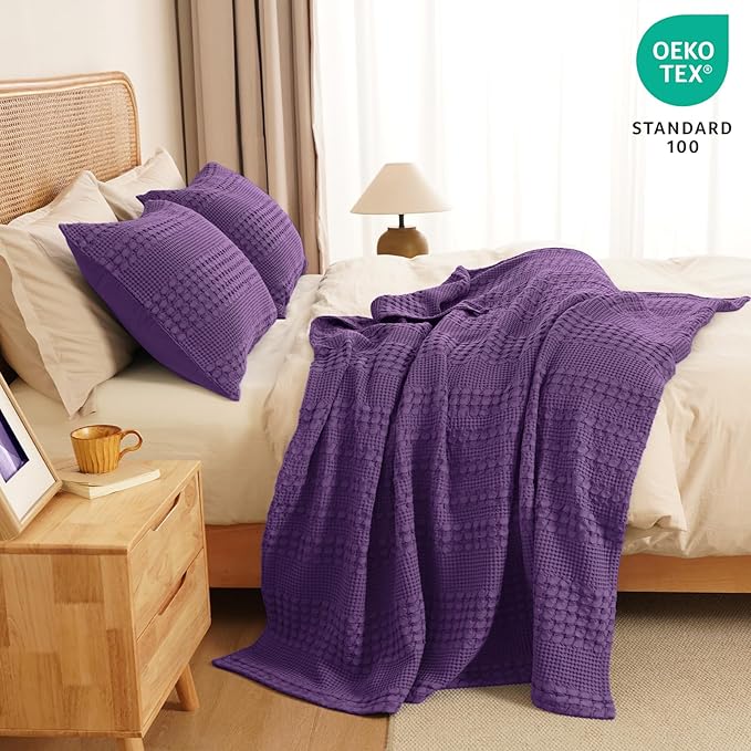 PHF 100% Cotton Waffle Weave Throw Blanket, Soft Lightweight Breathable Cozy Summer Throws for Couch Bed Sofa, Luxury Aesthetic Woven Blanket for Home Decor & Office, 50"x60", Grape-Ruum Studio Home