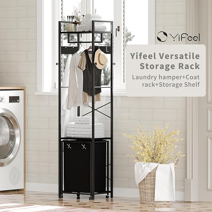 Coat Rack with Laundry Basket, Laundry Hamper Freestanding Hall Tree, Clothes Rack with Storage Shelves, 14.5 Gal Removable Bags on Wheels, Black JLH005B-Ruum Studio Home