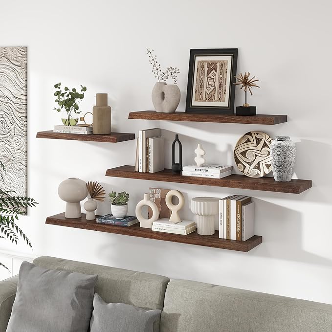 RICHFOCUS Live Edge Elm Floating Shelves - 24" W x 9.3" D Rustic Solid Wood Wall Shelves with Invisible Bracket, Wall-Mounted for Living Room, Bedroom, Kitchen Storage & Display, Set of 2, Walnut-Ruum Studio Home
