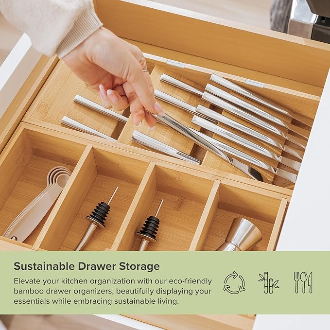 Premium Silverware and Utensil Drawer Organizers – Slanted 3-Compartment and 5-Compartment Design, Labeled Slots, Non-Slip Feet, 100% Sustainable Bamboo, 2 Pack-Ruum Studio Home