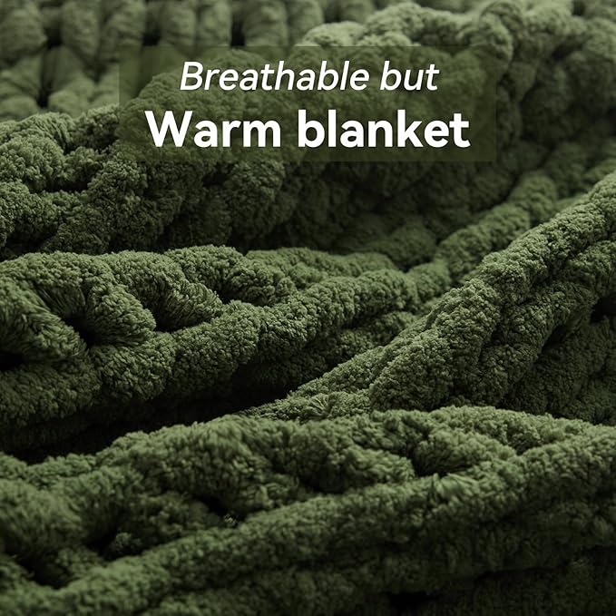 Chunky Knit Throw Blanket, 50''*60'' Knitted Throw Chenille Yarn for Bed Couch, Handmade Green Crochet Big Thick Blanket, Machine Washable Cute Comfy Blanket for Home Decor-Ruum Studio Home